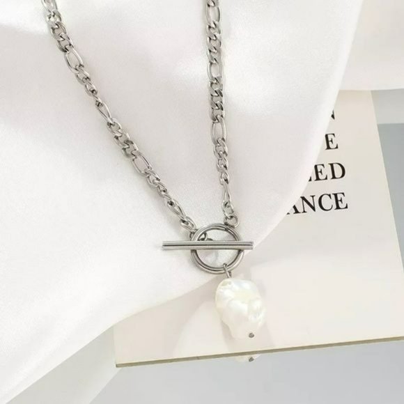 NEW Silver Plated Chain Link Baroque Freshwater Pearl Pendant Necklace 17.5in - Picture 4 of 7